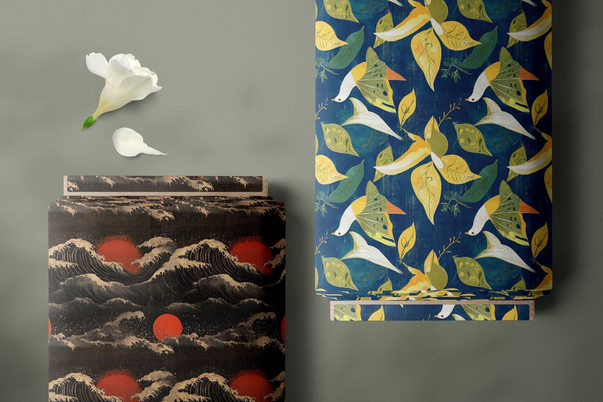 Beginner guide to upholstery fabric featuring Saint and Poet Kintsu patterned fabric on furniture