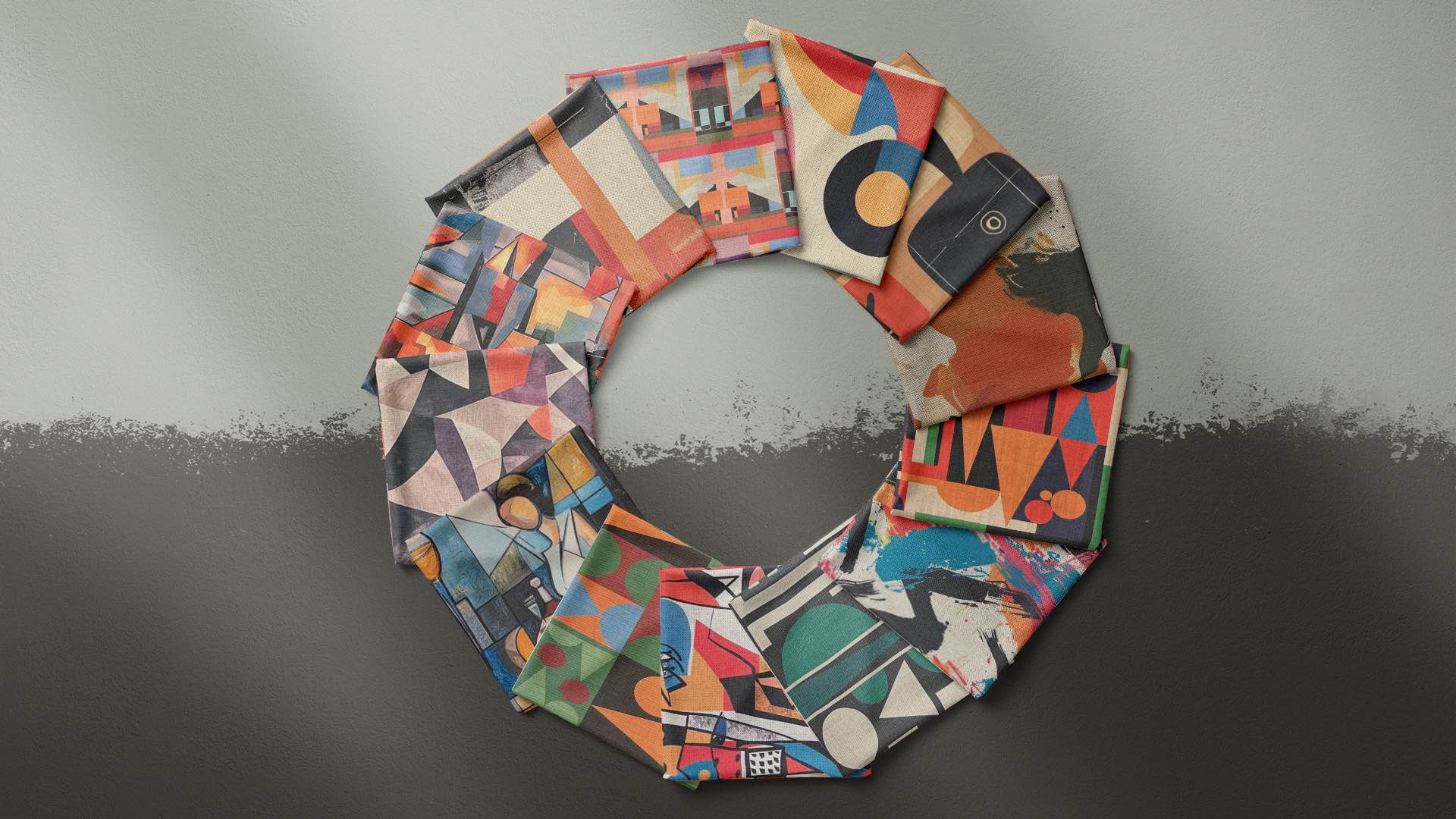 A wheel of 13 fabric swatches showcasing vibrant upholstery fabric designs, highlighting top trends for 2024.