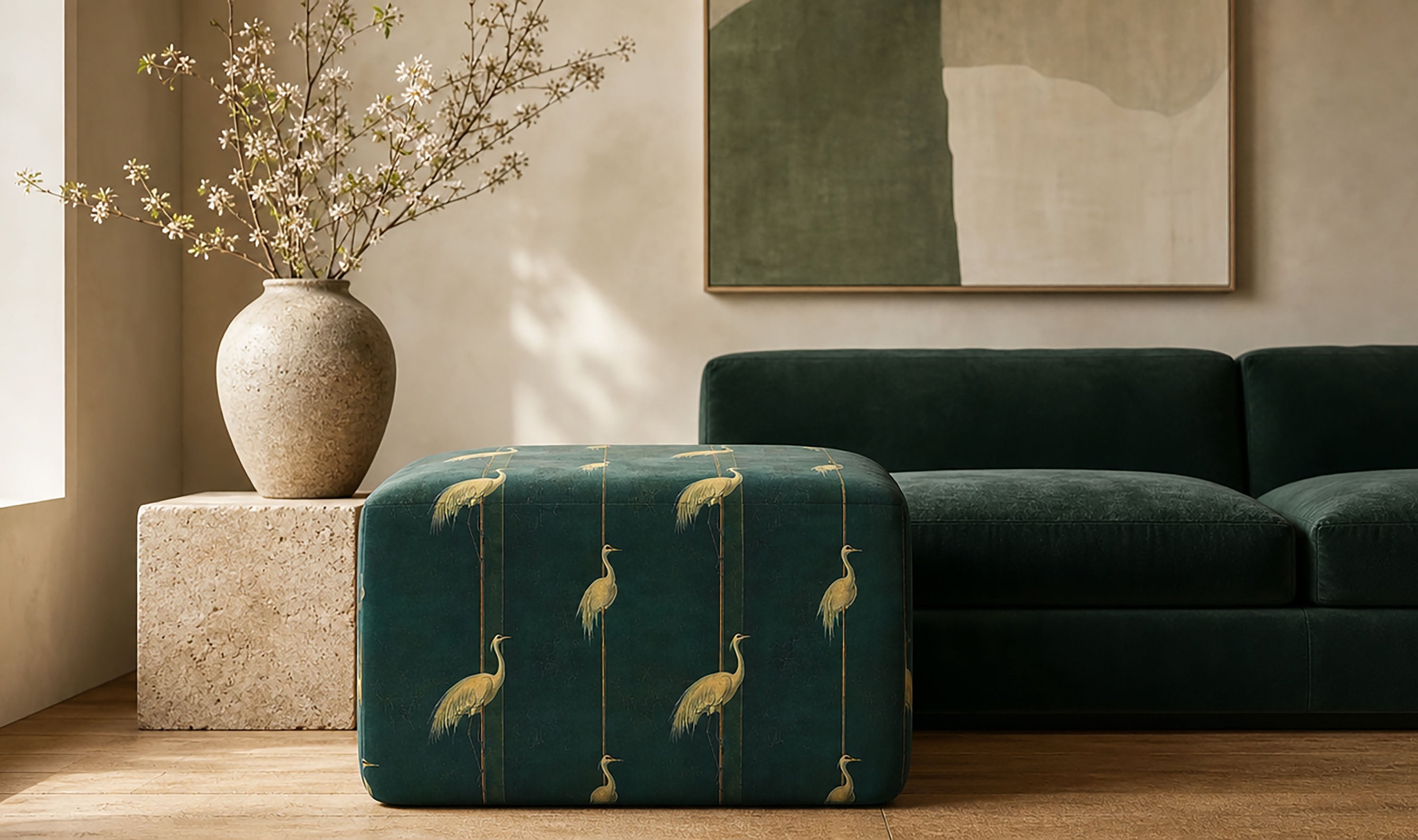 Crib 5 FR velvet fabric collection with green Aviary velvet upholstery fabric by Saint & Poet