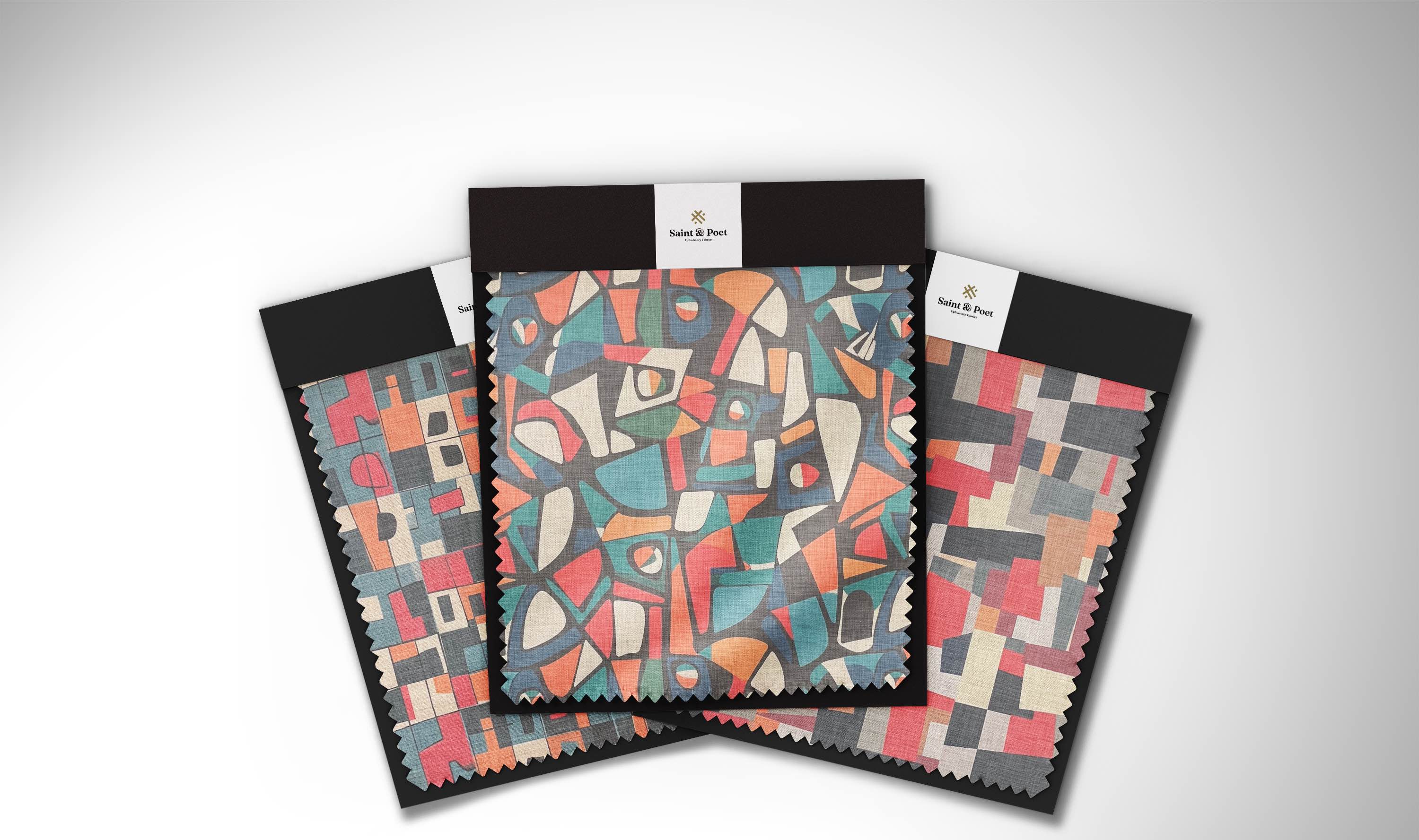 AI-crafted collage upholstery fabric, UK-made statement fabric