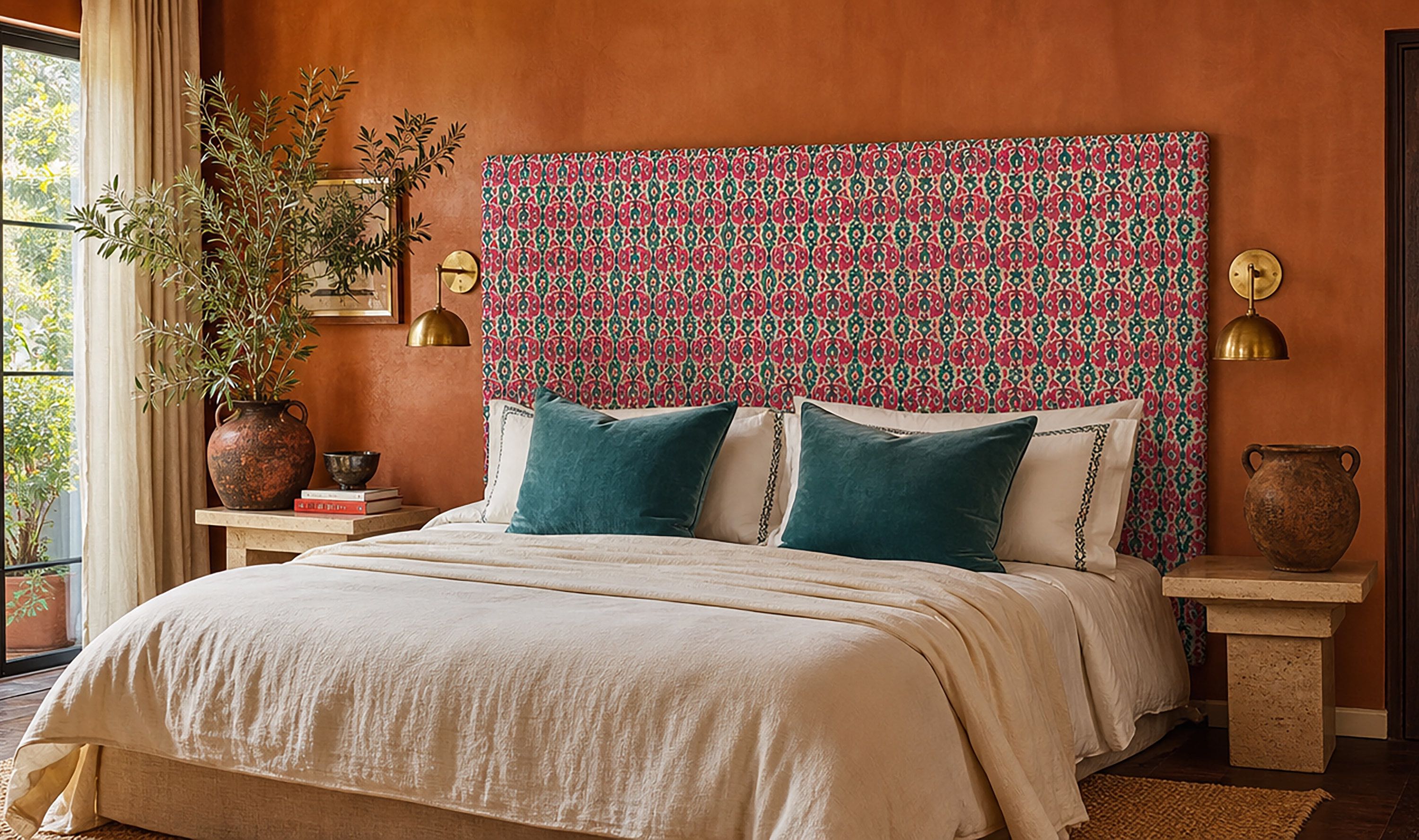 Kilim velvet fabric collection with patterned tribal, ikat and geometric motifs in terracotta, teal, charcoal, ochre and pink tones