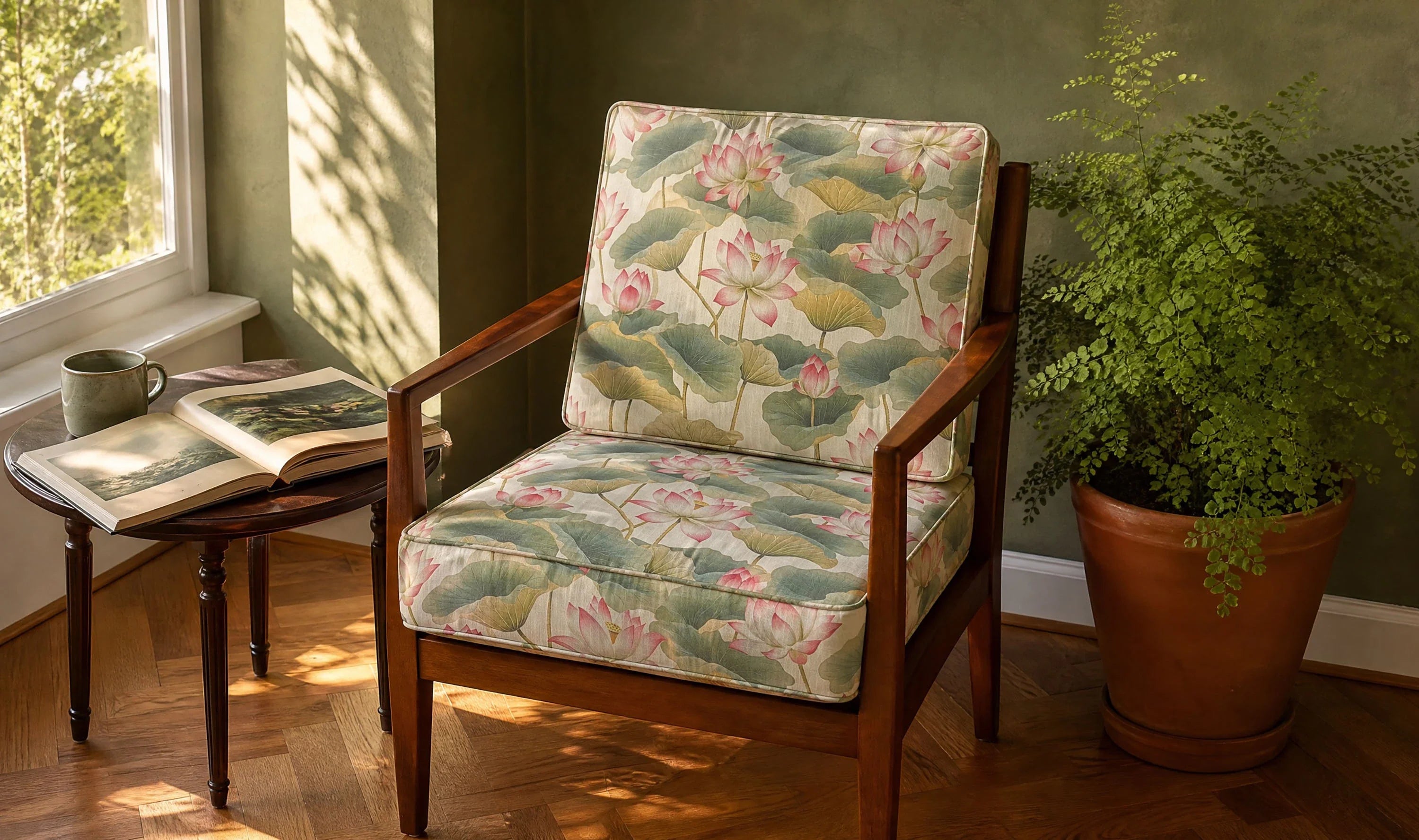 Lotus Upholstery Fabric collection swatches featuring painterly lotus flowers, cranes, and lily pads on linen blend upholstery fabric