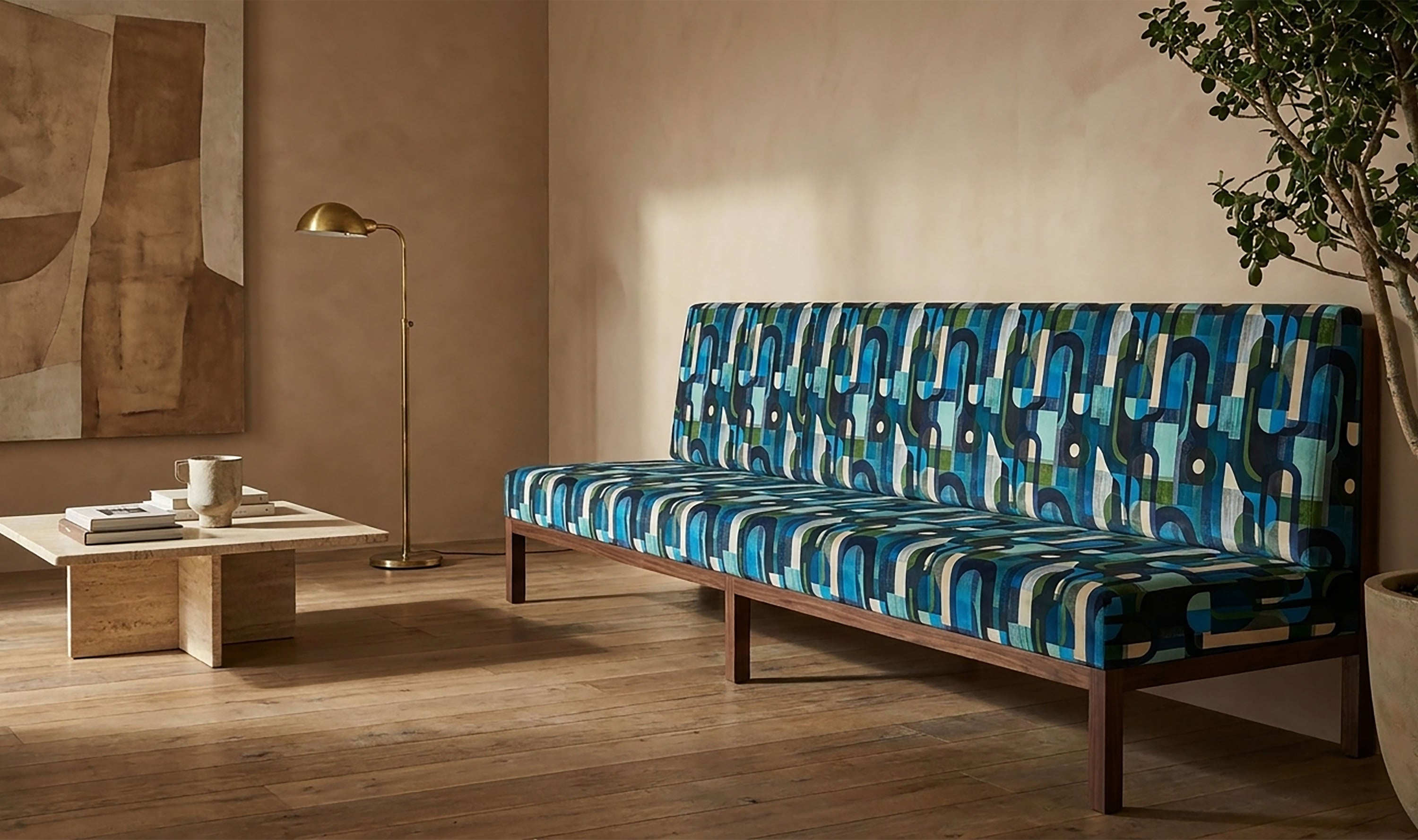 Populist Crib5 velvet fabric collection with colourful abstract prints for commercial upholstery, curtains and statement interiors