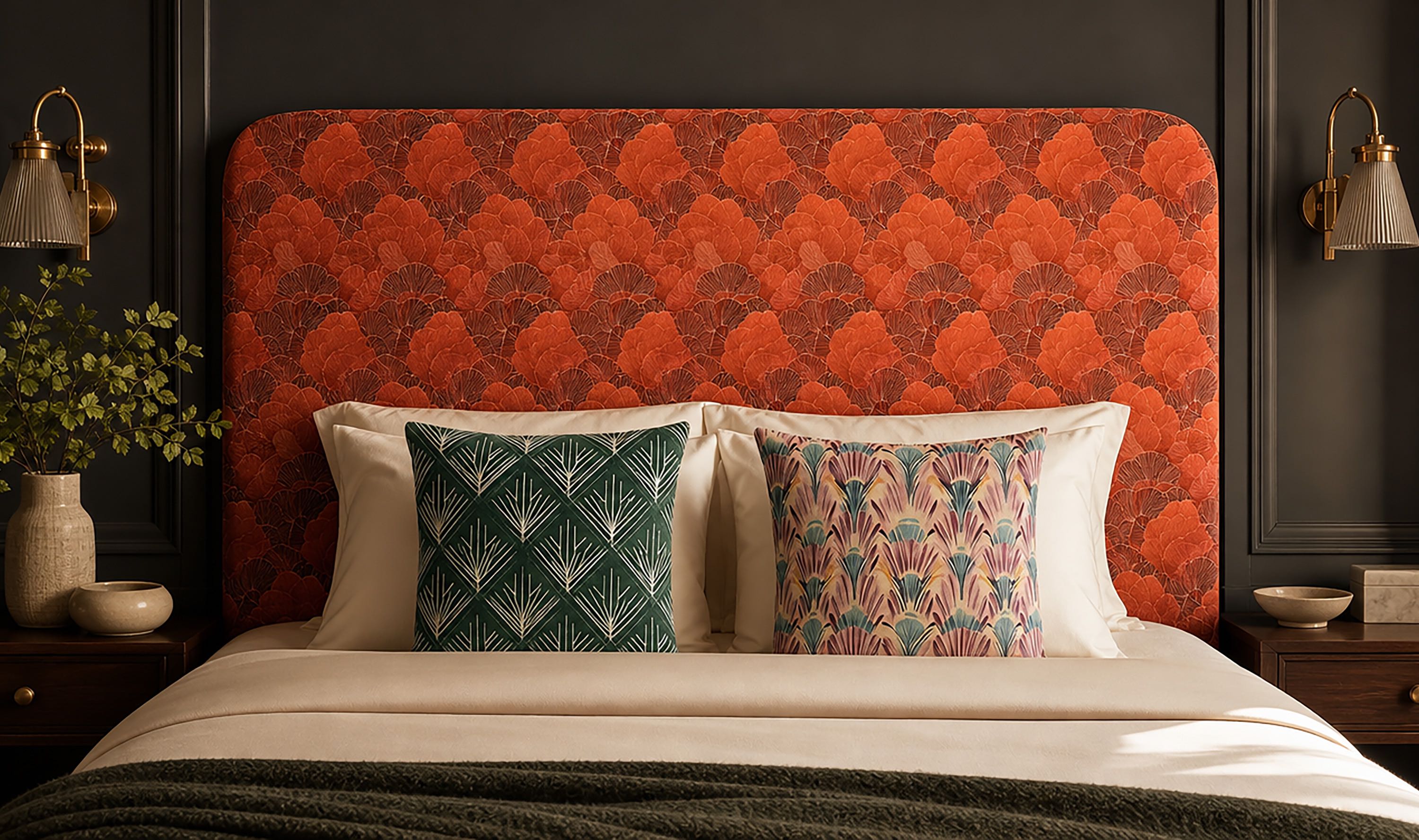 Orange printed velvet upholstery fabric on a rounded headboard with patterned cushions in a dark bedroom