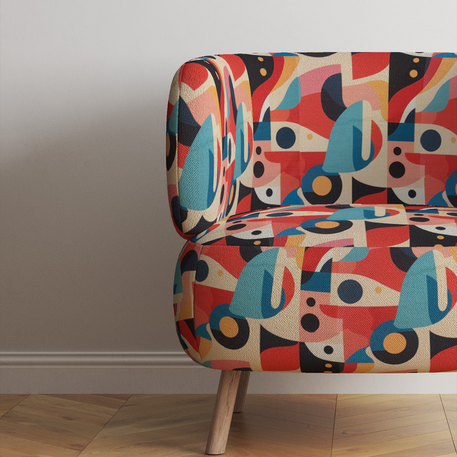 Statement armchair upholstered in cubist-inspired fabric