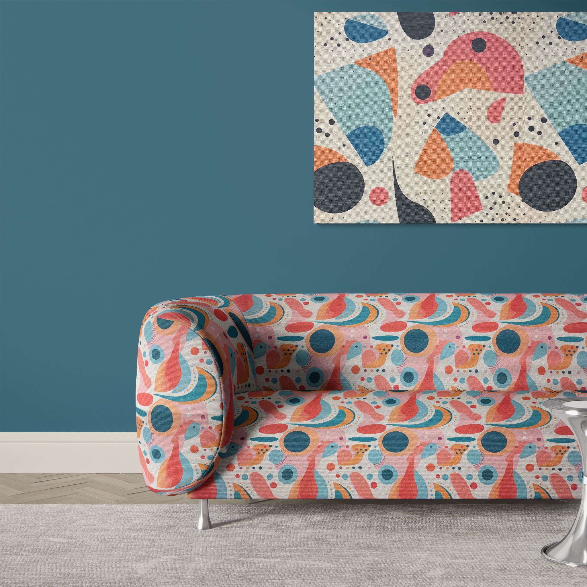 Statement sofa upholstered in bold abstract pattern fabric