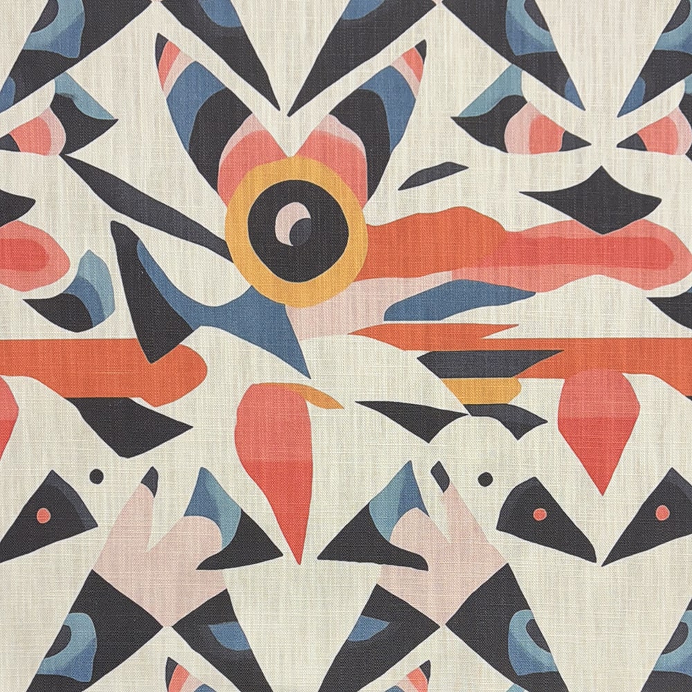 A luxury designer upholstery fabric featuring a bold abstract pattern in deep navy, burnt orange, blush pink, and golden yellow.