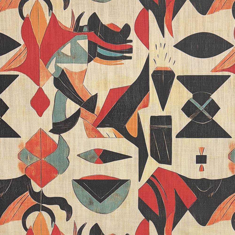 A luxury designer upholstery fabric featuring a bold geometric and abstract pattern in black, red, beige, and muted teal.