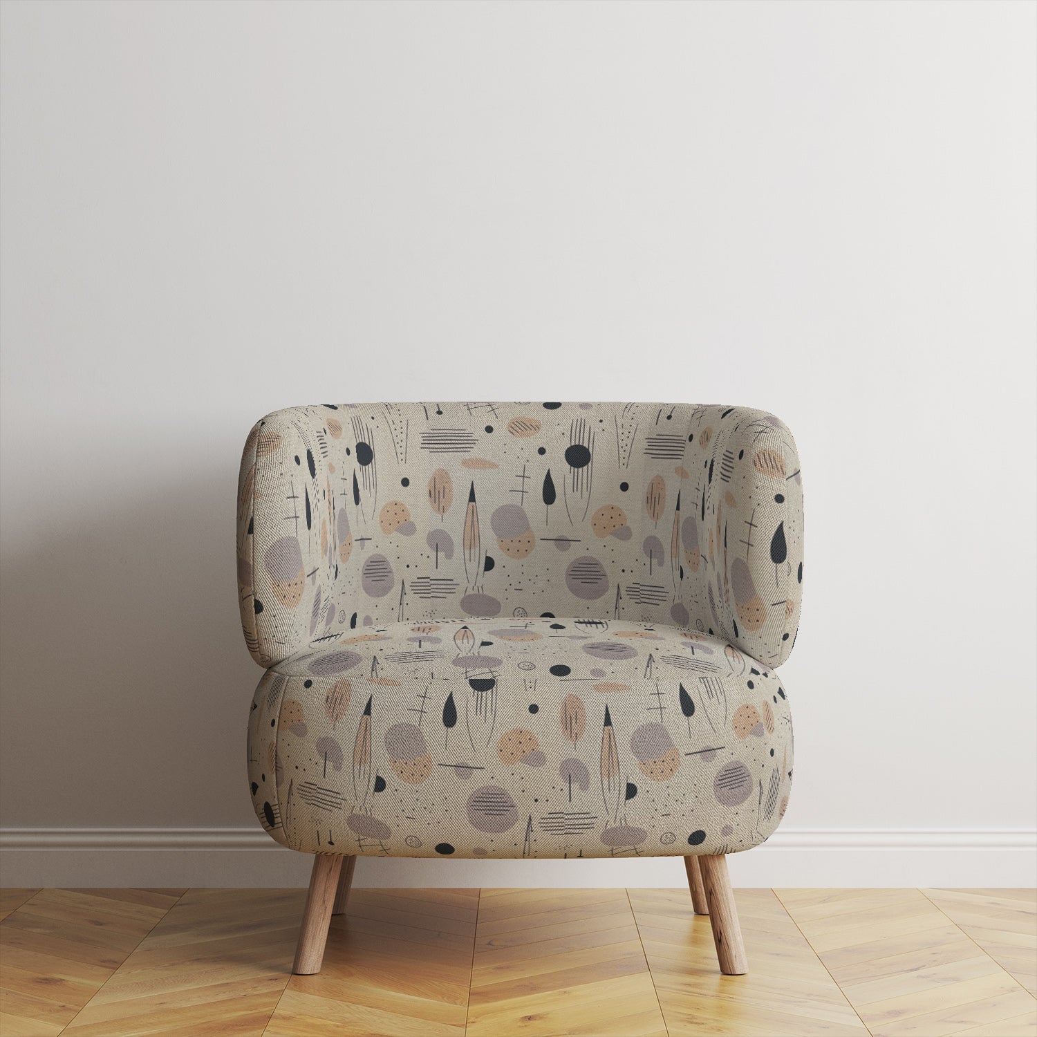 Statement armchair upholstered in abstract mid-century inspired fabric