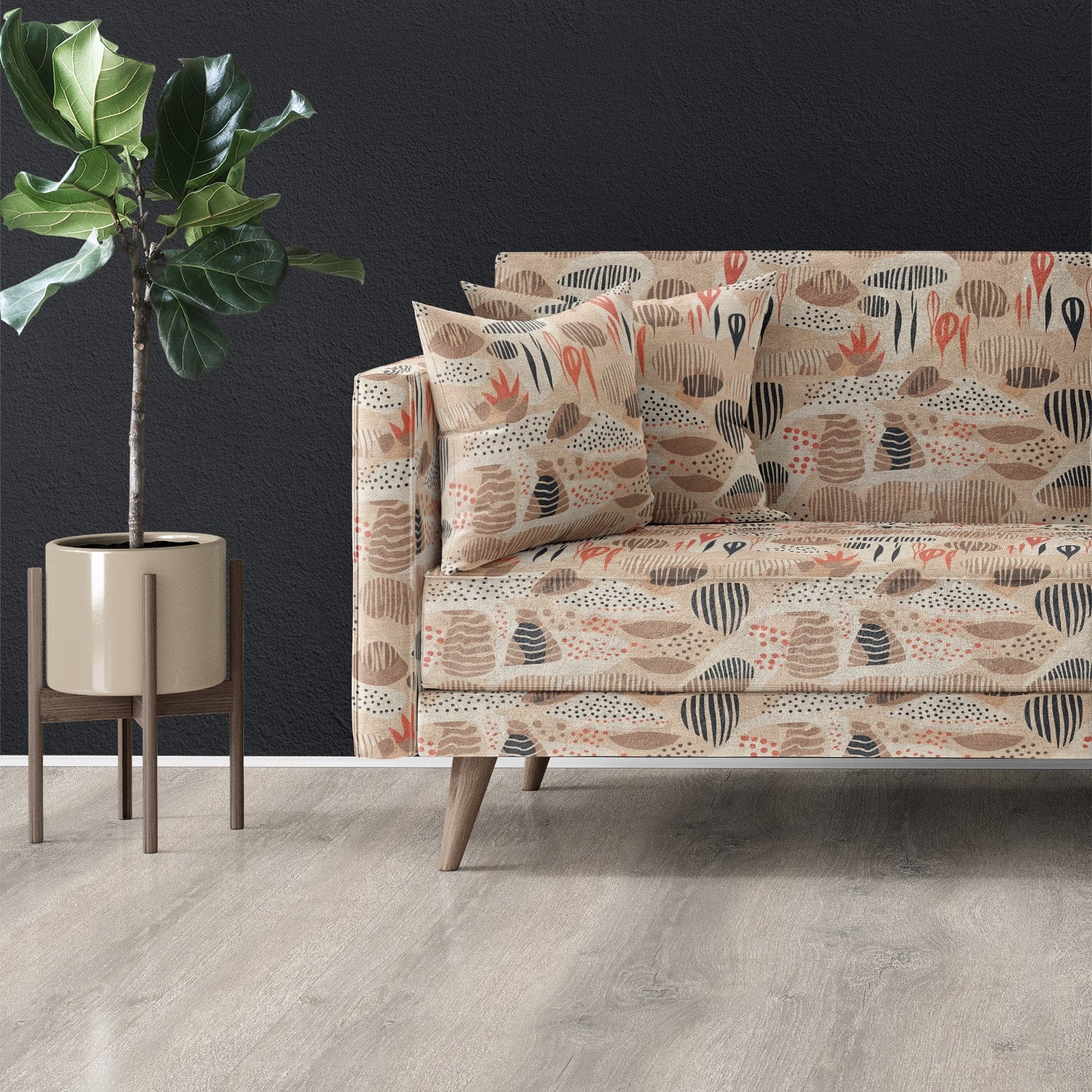 Set of modern accent chairs upholstered in abstract neutral-toned fabric, showcasing an elegant yet contemporary nature-inspired design.