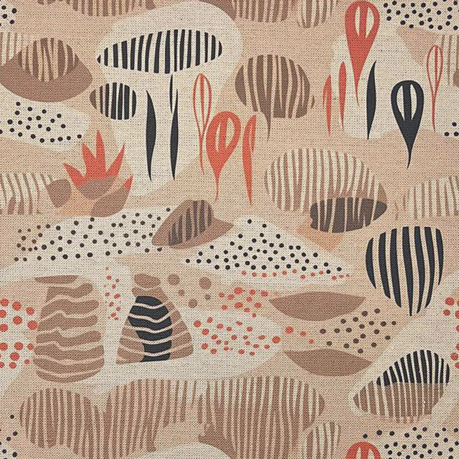 Abstract No.6 Upholstery Fabric – Earth-toned abstract textile with botanical-inspired patterns in beige, terracotta, and charcoal on a woven fabric base.