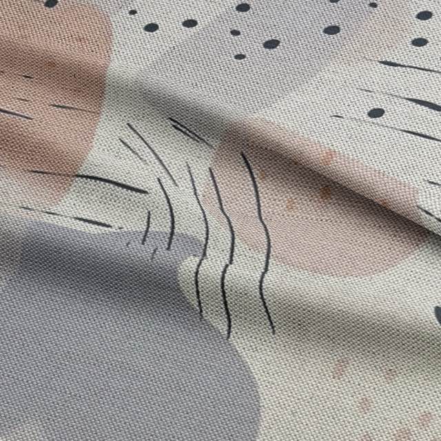 Luxury grey upholstery fabric featuring delicate brushstrokes, artistic dots, and soft abstract movement, perfect for contemporary seating and statement furniture.