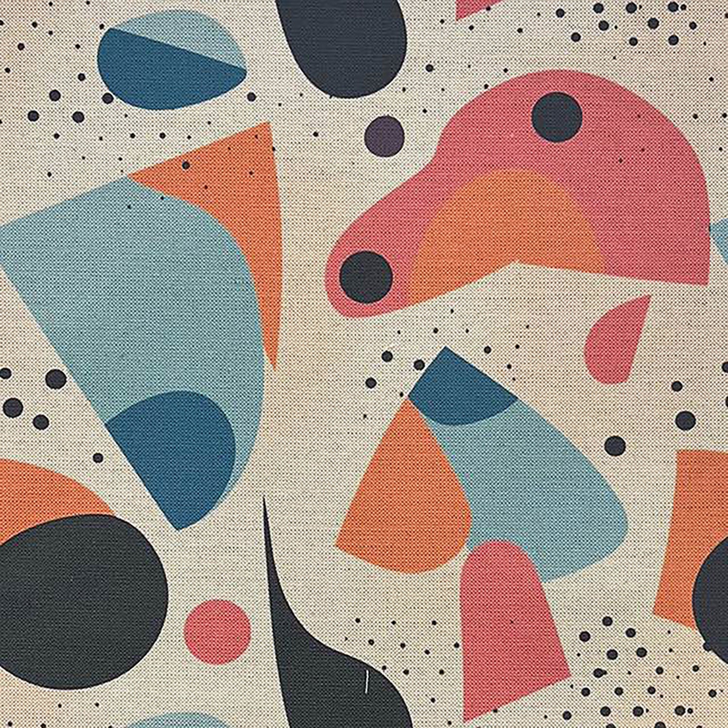Abstract No.9 Upholstery Fabric – Bold geometric textile in terracotta, deep blue, and blush pink with playful organic forms and dot detailing.