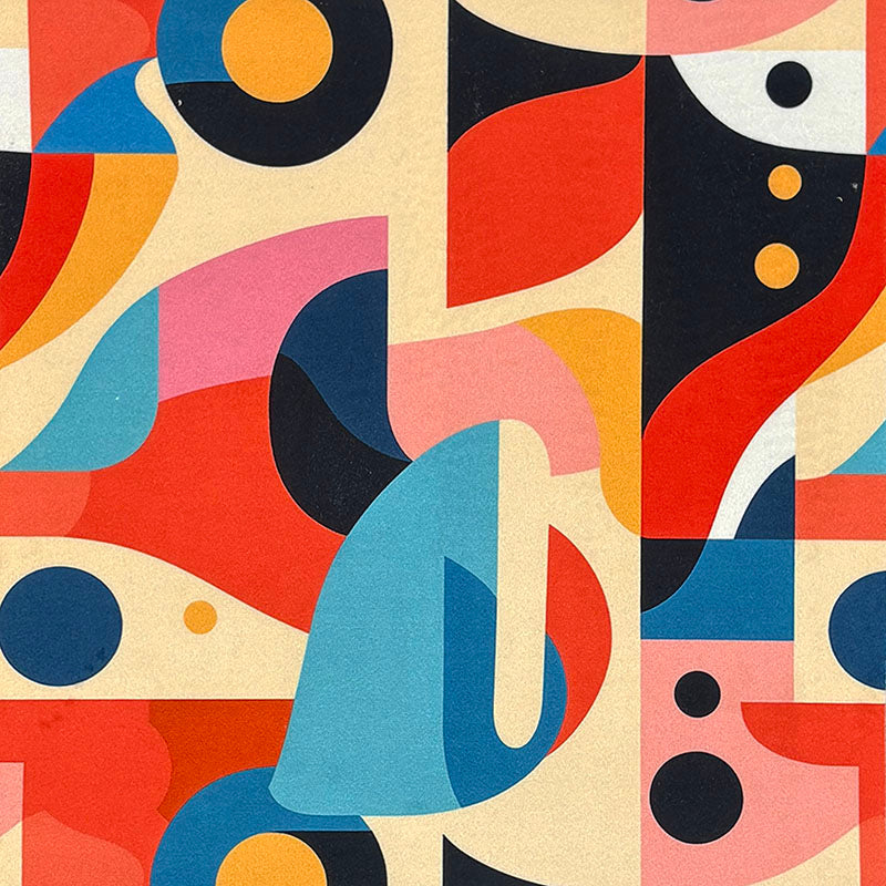 Abstract No.10 Crib5 velvet fabric flat view in coral, teal, mustard and navy geometric print