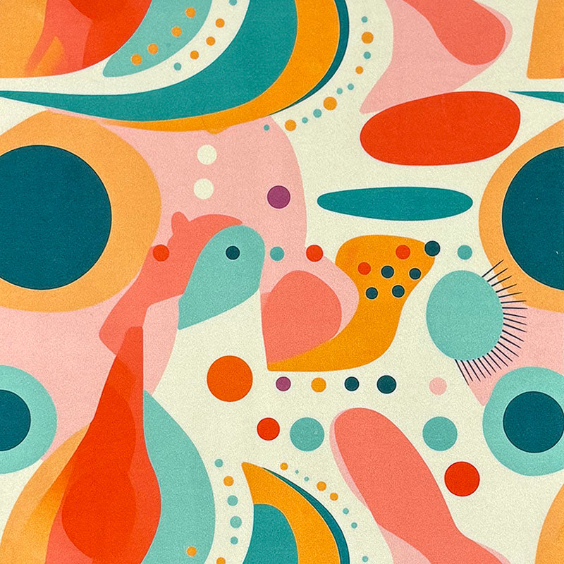 Abstract No.11 Crib5 velvet fabric flat view with coral, mint and orange biomorphic shapes on cream