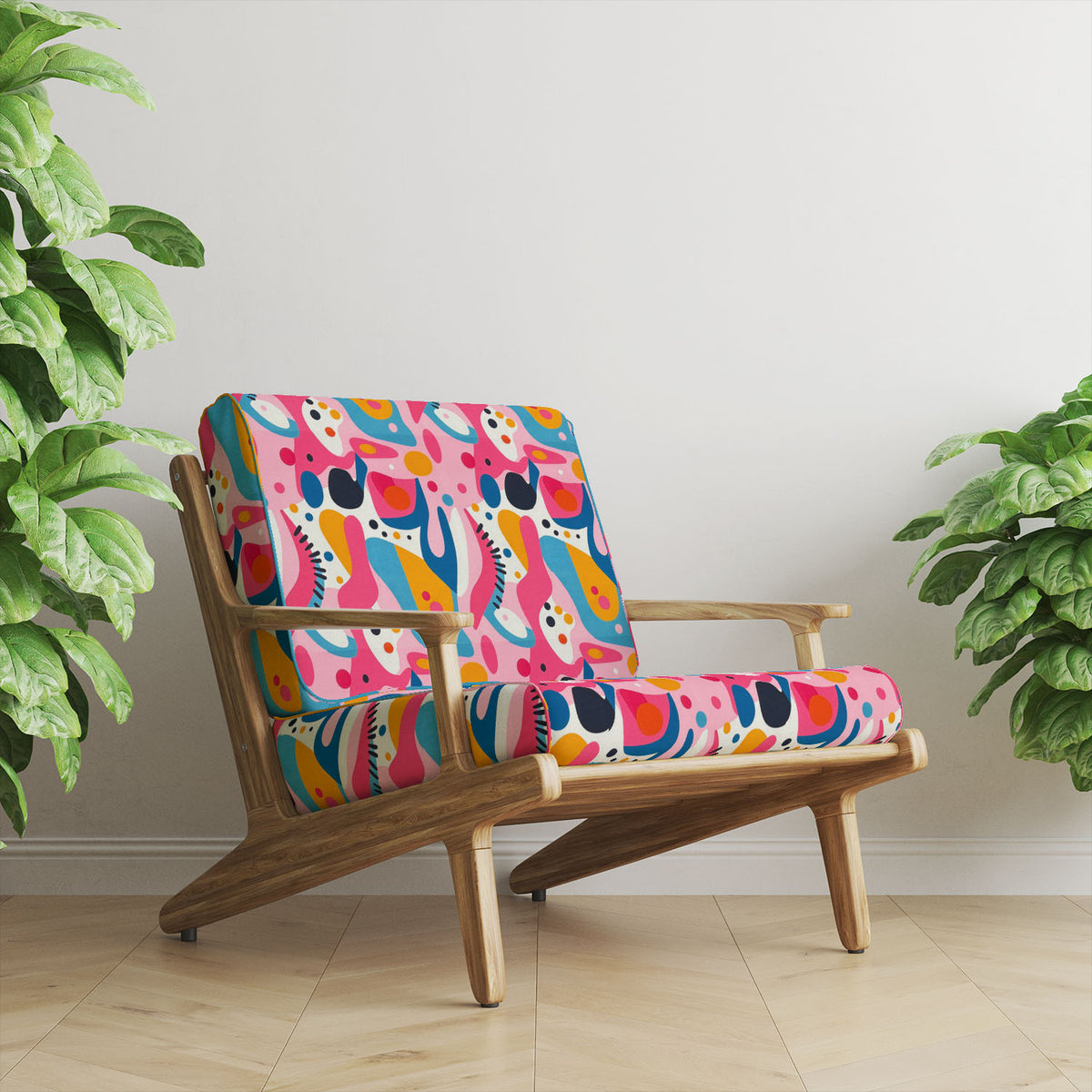 Designer chair upholstered in Abstract No.12 vivid pink multicolour Crib5 velvet