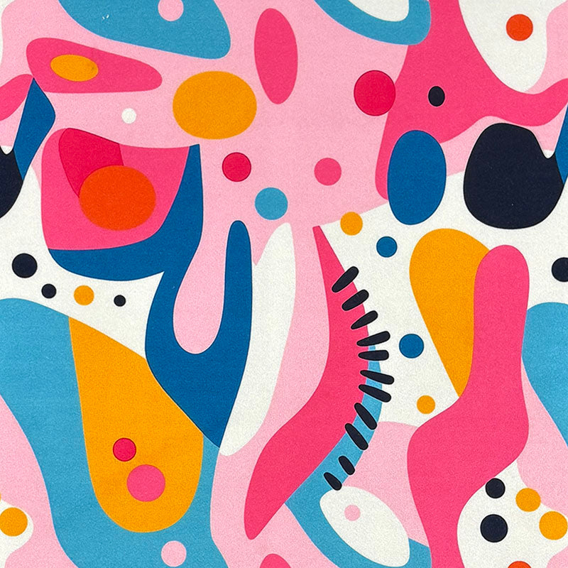 Abstract No.12 pink Crib5 velvet fabric with fuchsia, blue, mustard and orange abstract shapes