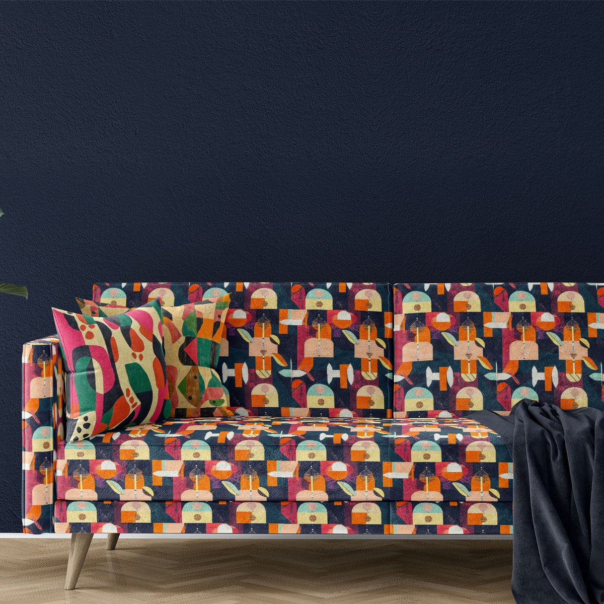 Sofa upholstered in Abstract No.13 navy orange geometric printed velvet
