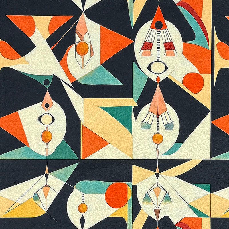 Abstract No.15 navy and orange Crib5 velvet fabric with tiled Bauhaus-style geometric motifs