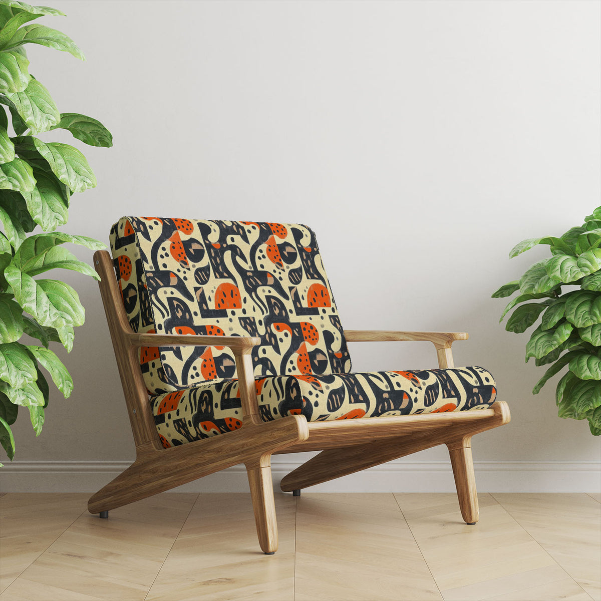 Statement chair upholstered in Abstract No.17 black orange and cream abstract velvet