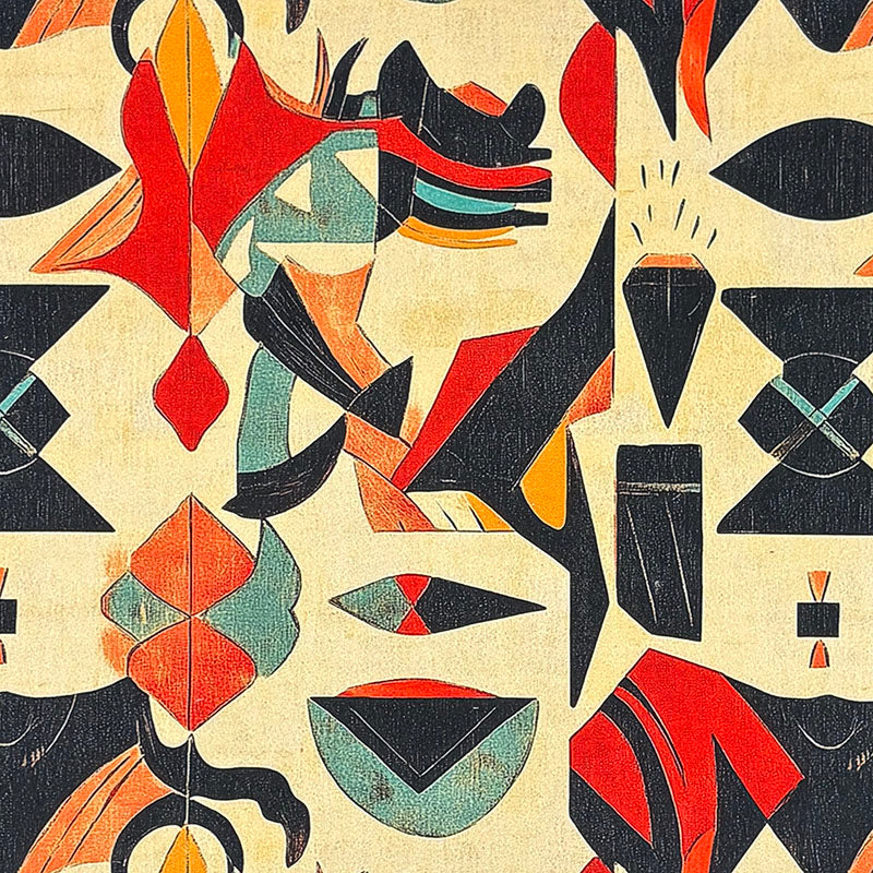 Abstract No.19 multicolour Crib5 velvet fabric with cubist-style orange teal red and black forms
