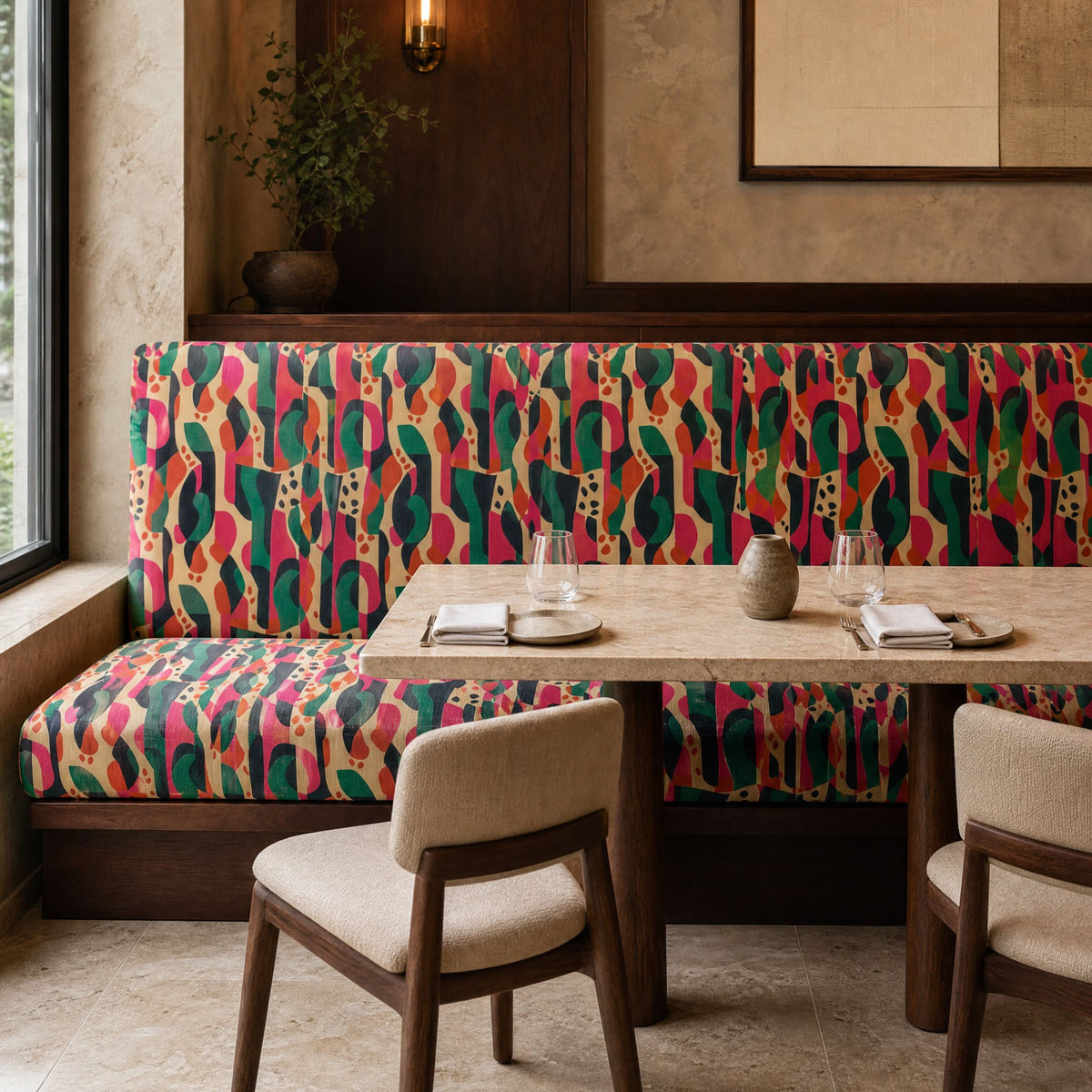 Bench upholstered in Abstract No.21 vibrant pink green orange and teal velvet