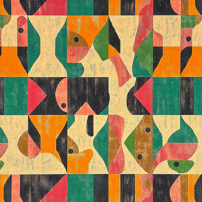 Abstract No.24 multicolour Crib5 velvet fabric with green teal coral and orange geometric mosaic