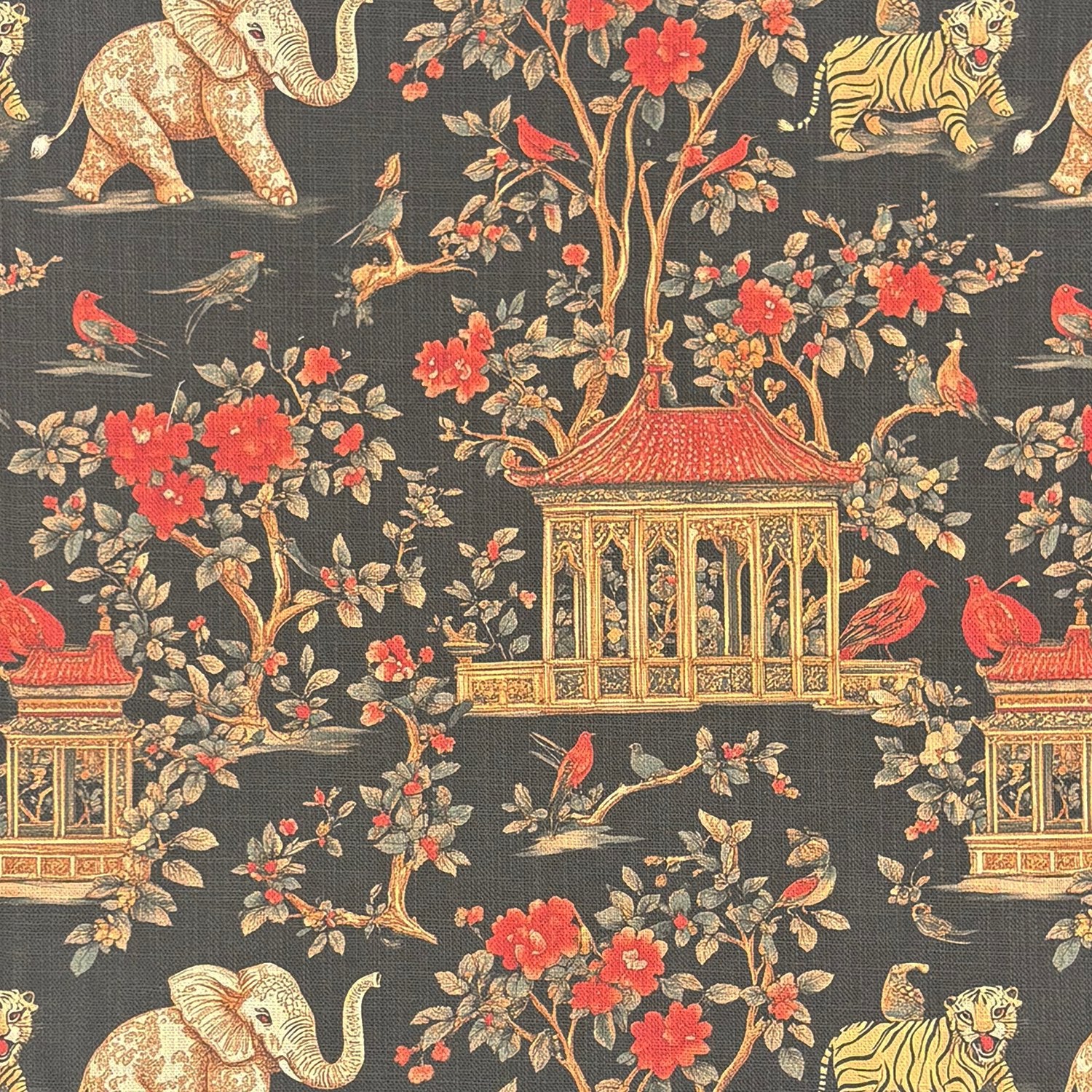 Agra No.13 curtain fabric with elephants, tigers and floral pavilion motifs on dark cotton linen basecloth