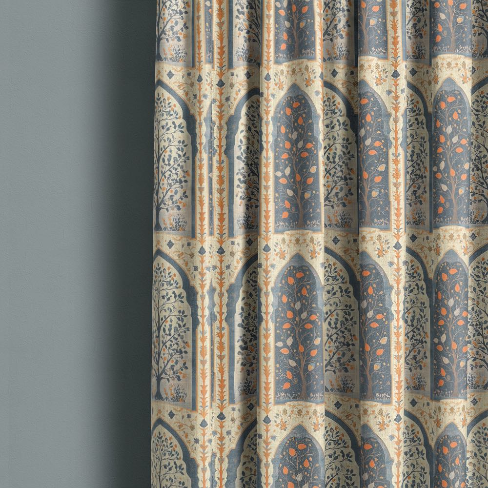 Agra No.4 curtain fabric made into full length curtains showing blue arches and ochre botanical motif