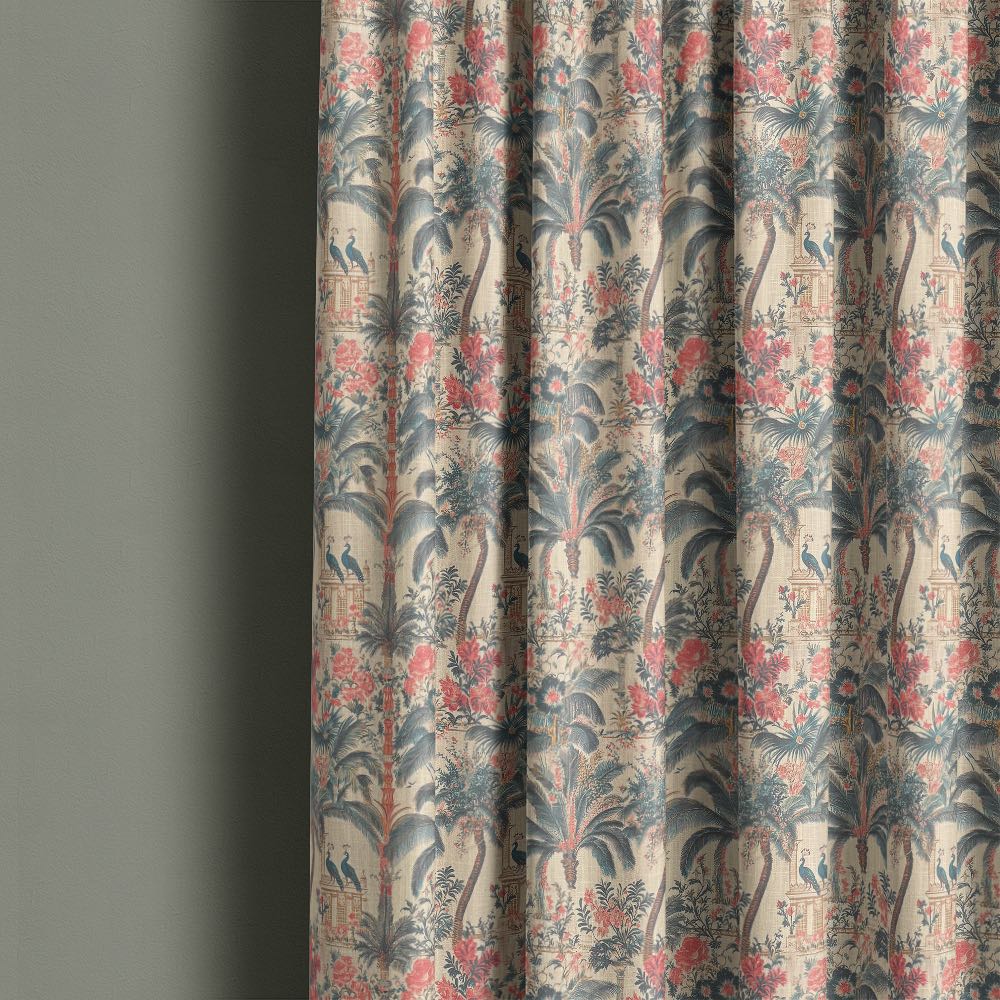 Agra No.9 curtain fabric made into full length curtains showing tropical palms, peacocks and floral palace design