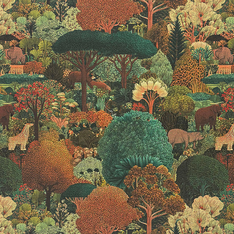 Animals No.3 green linen curtain fabric with giraffes, elephants and botanical jungle detail