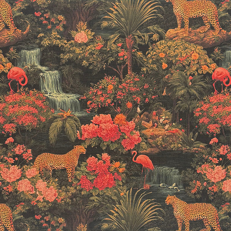 Flat view of Animals No.13 black animal upholstery fabric with tropical foliage, flamingos, and wild cats