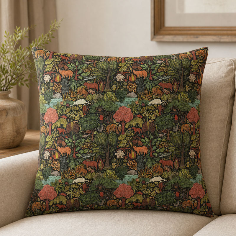 Animals No.4 linen curtain fabric shown on a cushion with jungle animal pattern