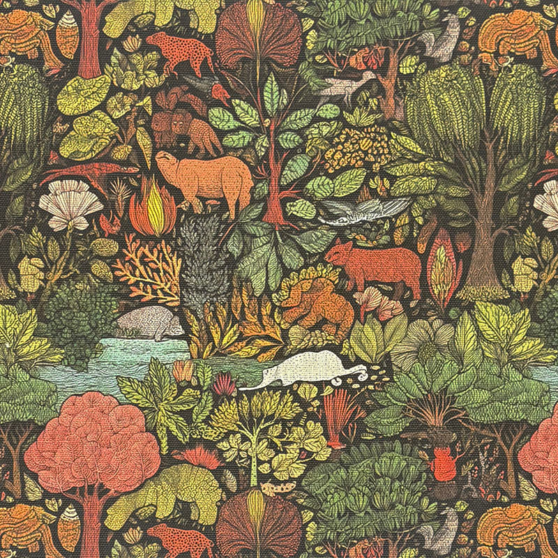 Animals No.4 fabric swatch showing multicoloured scenic design with wild animals, trees, and greenery