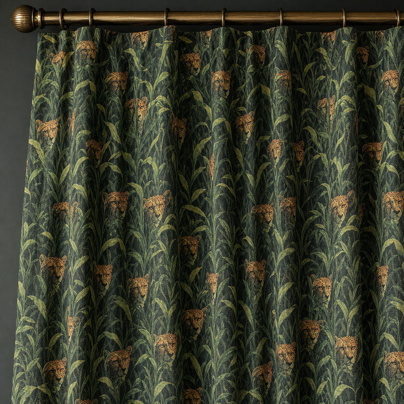 Animals No.8 linen curtain fabric shown as green cheetah patterned curtains