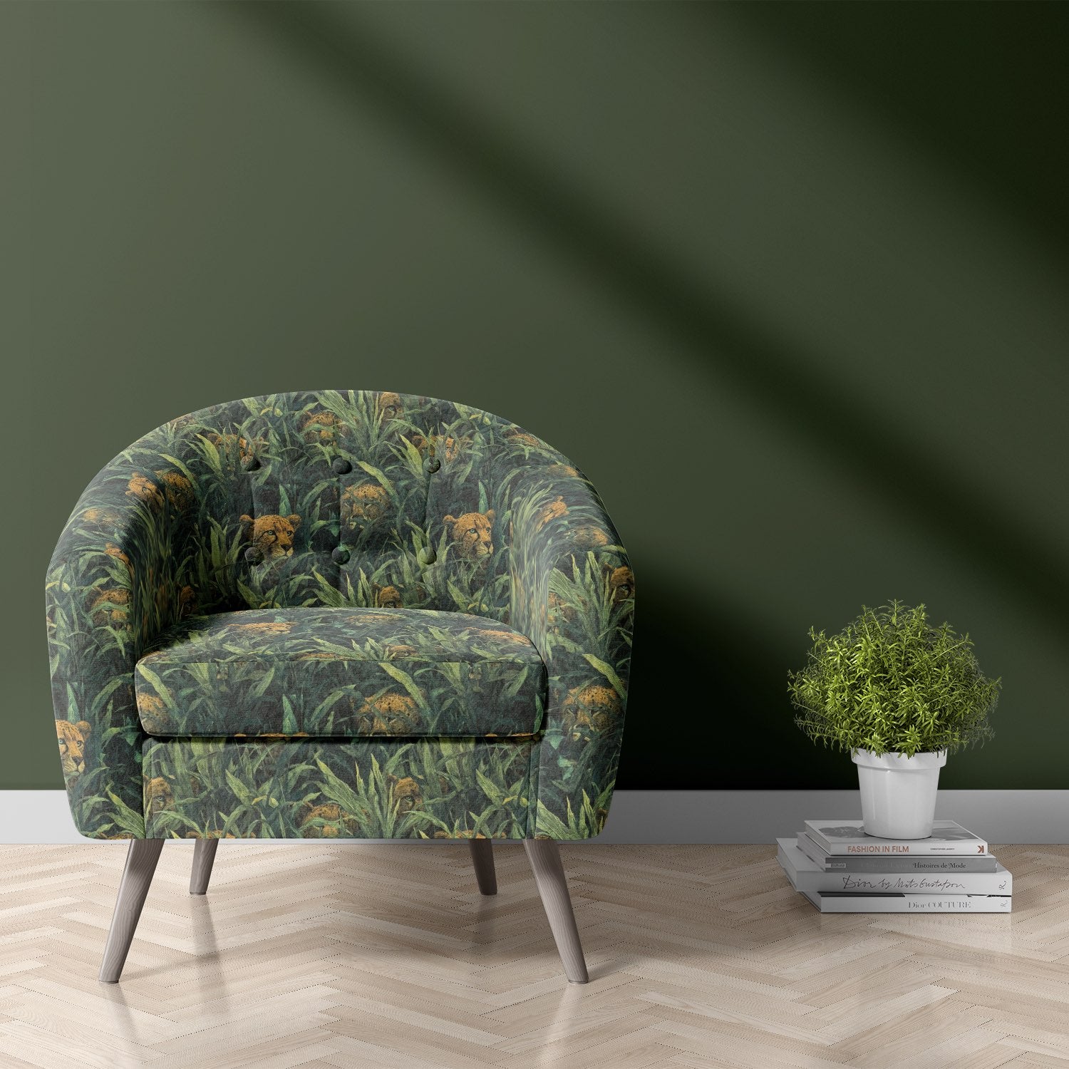 Chair upholstered in Animals No.9 green jungle cheetah animal upholstery fabric
