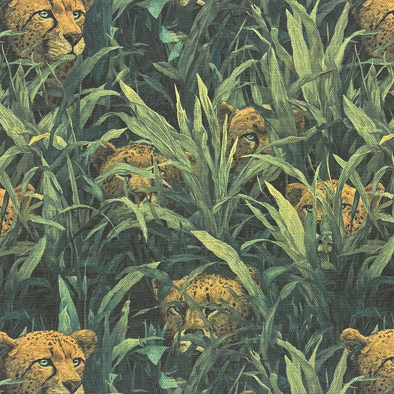 Flat fabric image of Animals No.9 showing bold cheetahs and green leafy foliage design