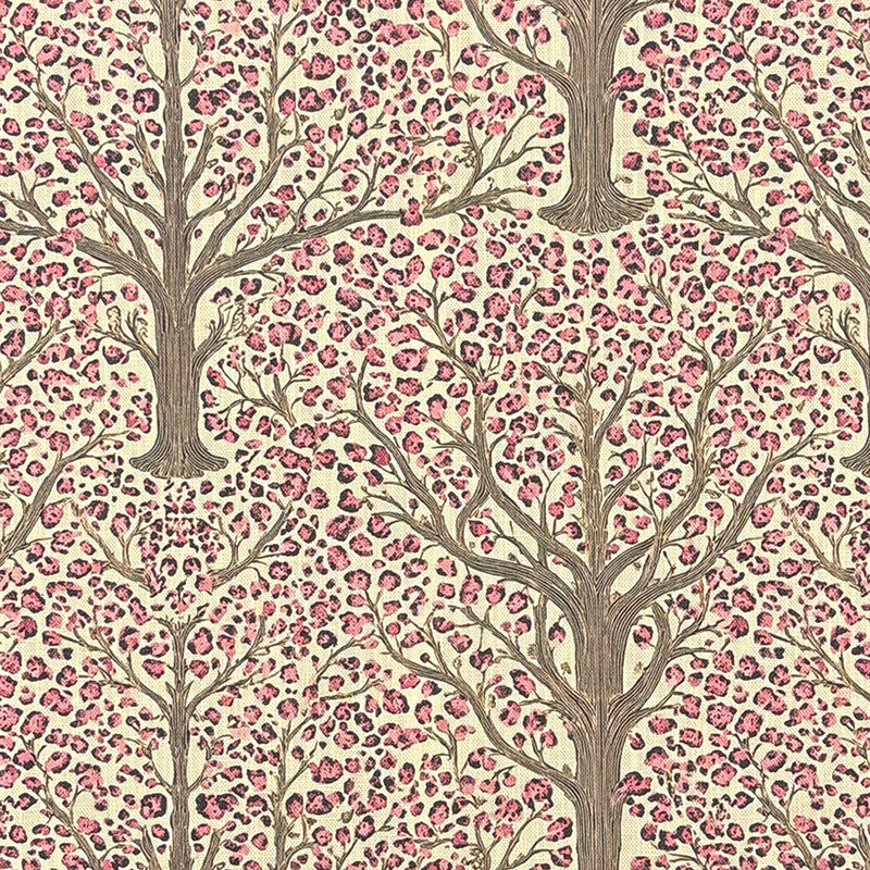 Woodland style upholstery fabric featuring pink blossom trees, delicate botanical branches and natural cream background printed on premium upholstery fabric