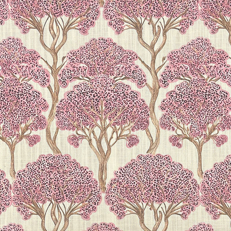 Traditional style upholstery fabric featuring pink flowering trees, botanical woodland pattern and natural linen background printed on premium upholstery fabric