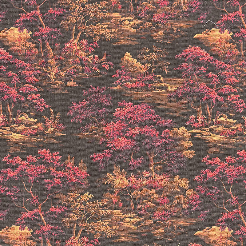 Tree style upholstery fabric with dark woodland landscape, pink foliage and warm ochre botanical detailing printed on textured basecloth