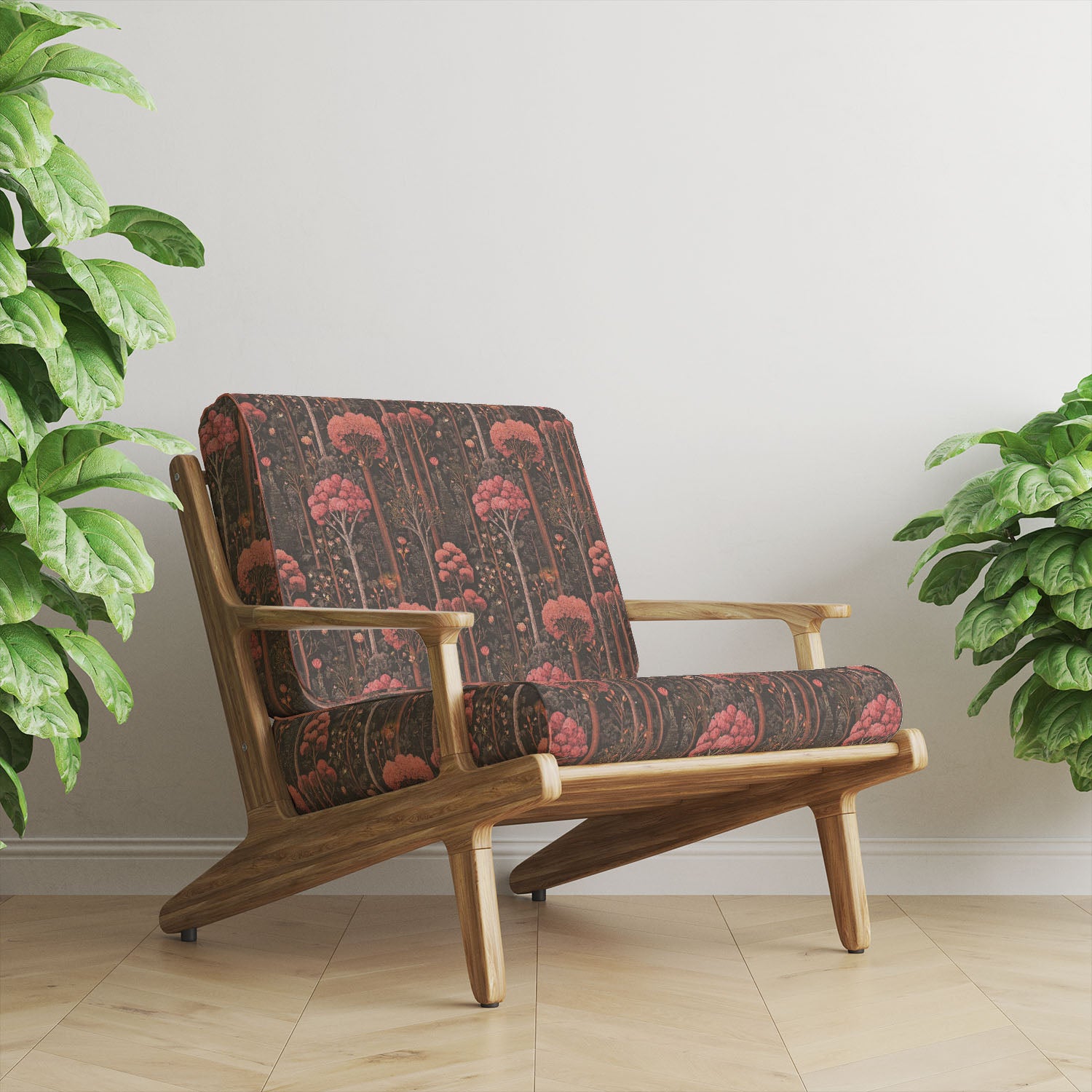 Arbor No.2 woodland style upholstery fabric upholstered on modern wooden accent chair with pink flowering forest landscape design