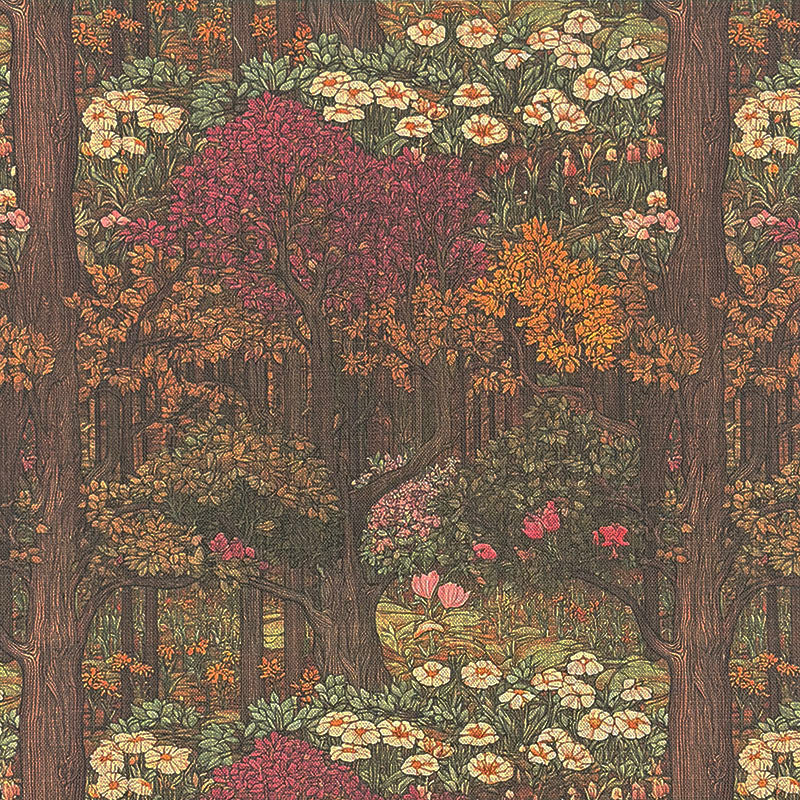 Woodland style upholstery fabric featuring detailed forest trees, burgundy foliage, ivory flowers and multicoloured botanical landscape printed on upholstery fabric
