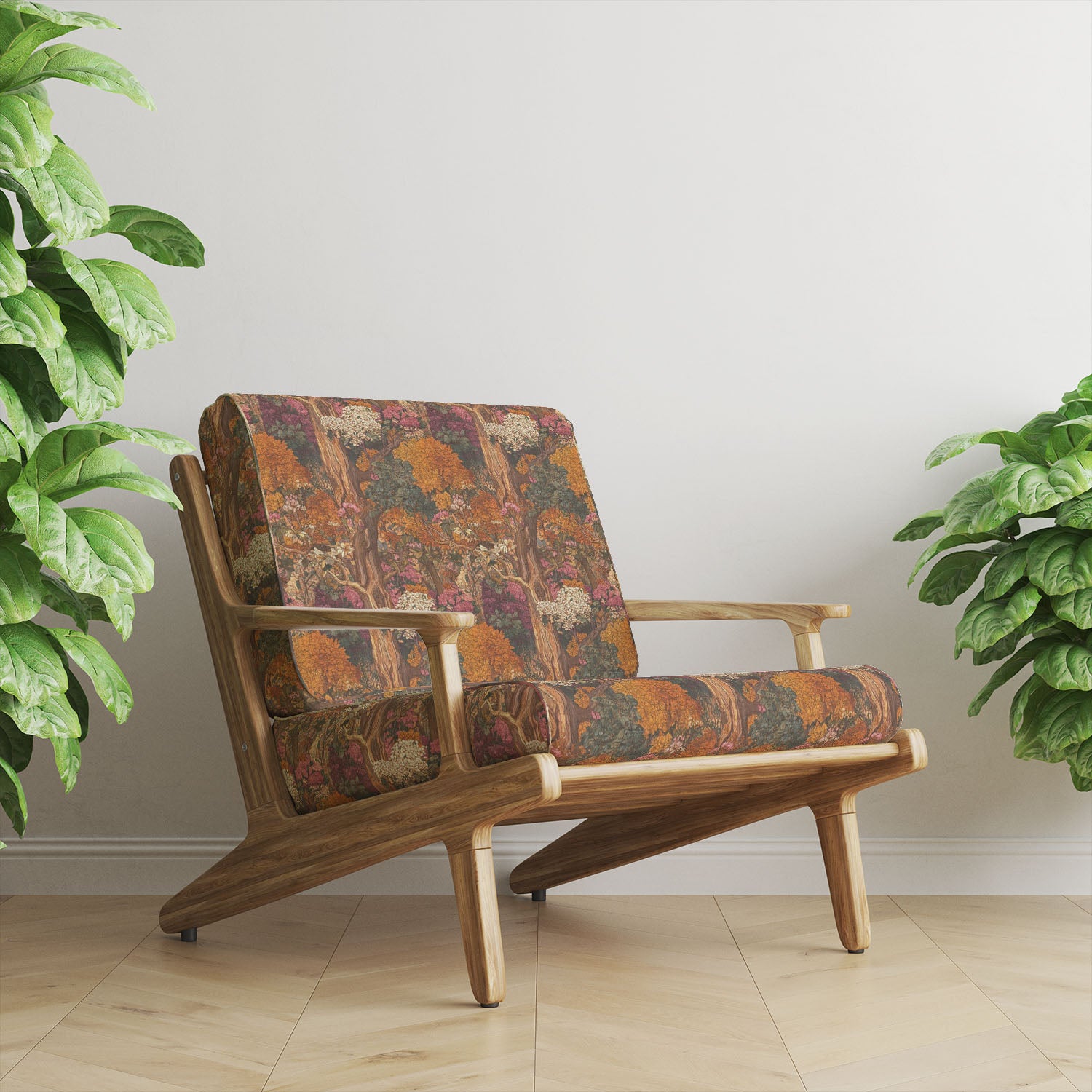 Arbor No.7 woodland style upholstery fabric upholstered on contemporary wooden chair with autumn woodland trees and botanical floral landscape