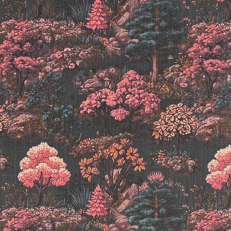 Woodland style upholstery fabric featuring pink flowering trees, botanical planting, rocky landscape details and scenic forest garden design