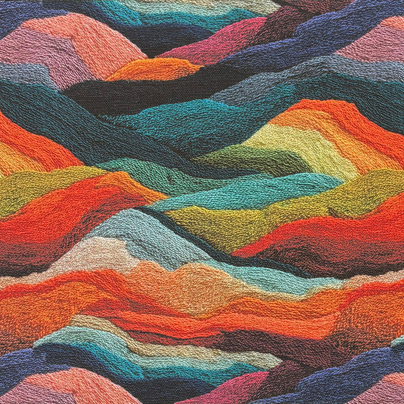 Close-up of Arcadia No.10 multicoloured upholstery fabric with layered abstract hills in rich rainbow tones