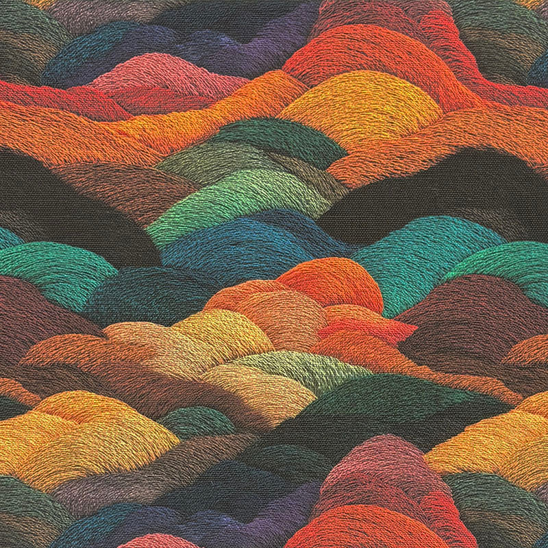 Multicoloured scenic Arcadia No.11 upholstery fabric with layered hills in vivid woven texture