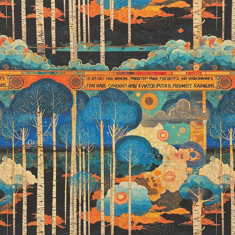 Flat lay of Arcadia No.3 upholstery fabric featuring birch trees, clouds, and moons in teal and tangerine on a black background