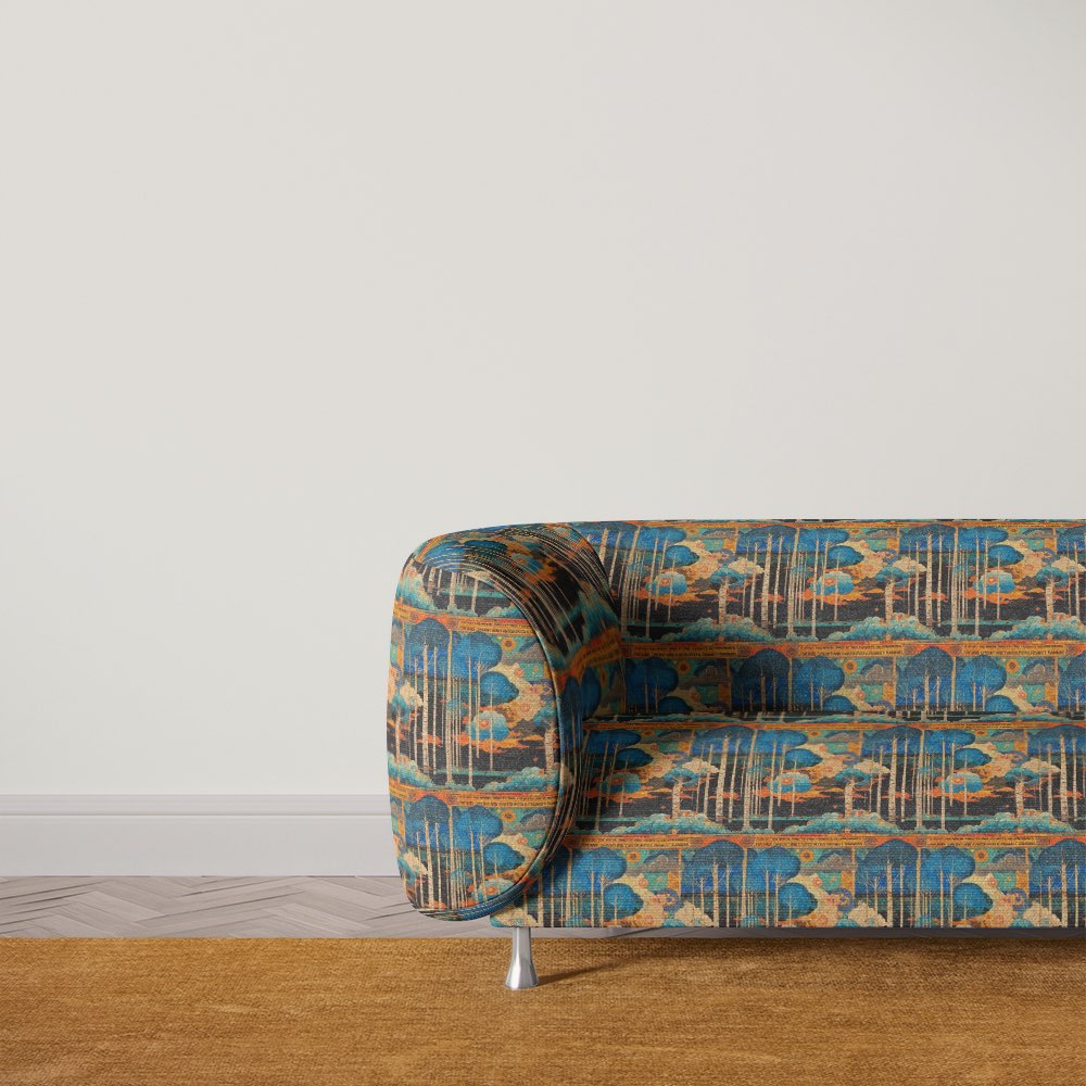 Sofa upholstered in Arcadia No.3 scenic upholstery fabric with surreal tree and sky pattern in rich multicolours