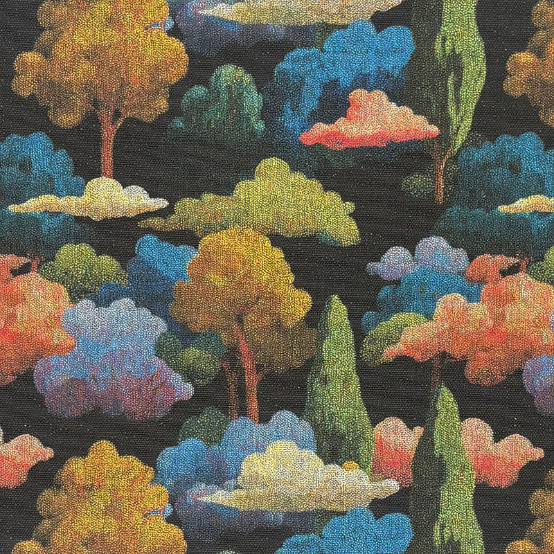 Arcadia No.4 scenic black upholstery fabric with painterly clouds and multicoloured trees