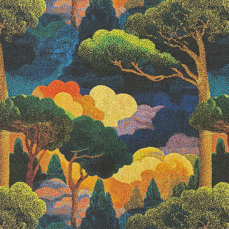 Arcadia No.6 multicoloured scenic upholstery fabric with expressive trees, clouds and painterly details on a black background